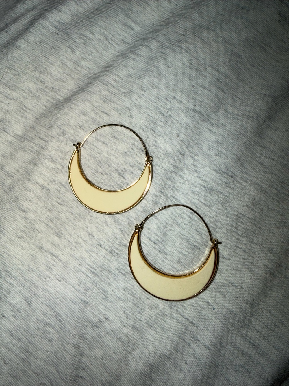 Gold Hoop Earrings with Cream Enamel Crescent Accent